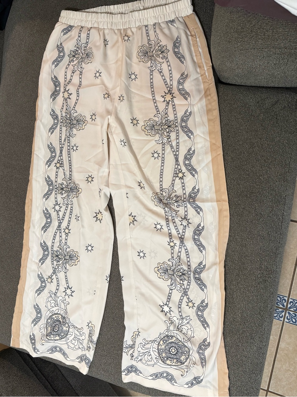 Print Track Pants in Cream with Beige Trim